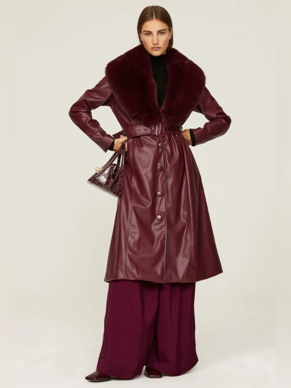Anthropologie Bordeaux Vegan Leather Coat with Faux Fur Collar